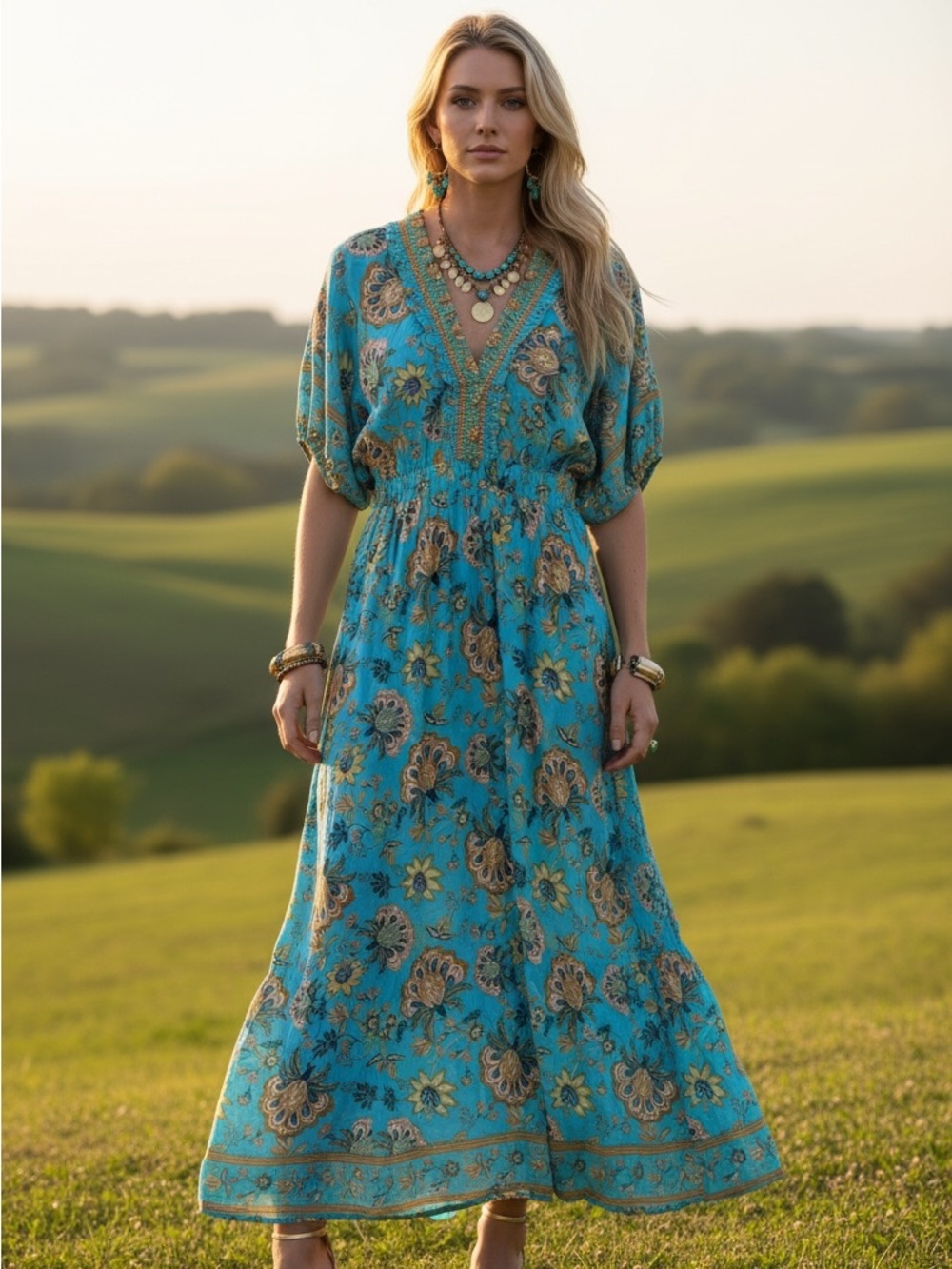 265 • Sugarlips Boho Maxi Dress | Blue Floral V-Neck Maxi Dress